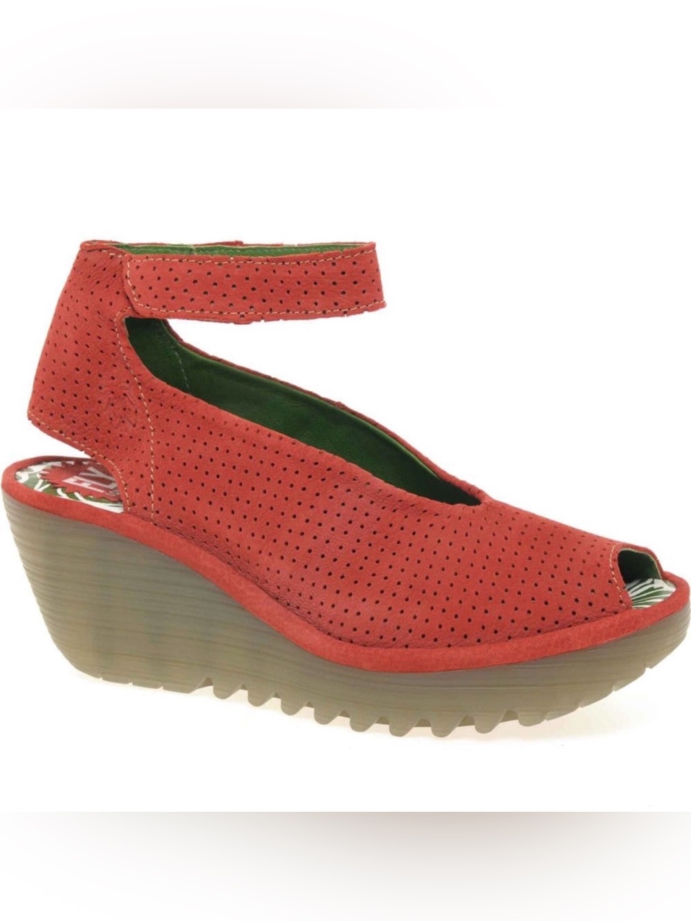 Fly London Yala Perforated Wedge platform Heel Sandals Velcro leather red  6.5